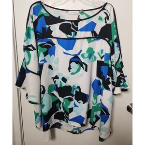 Calvin Klein Blue Green Floral Ruffle Short Sleeve Blouse Tunic‎ 3XL/4XL Church